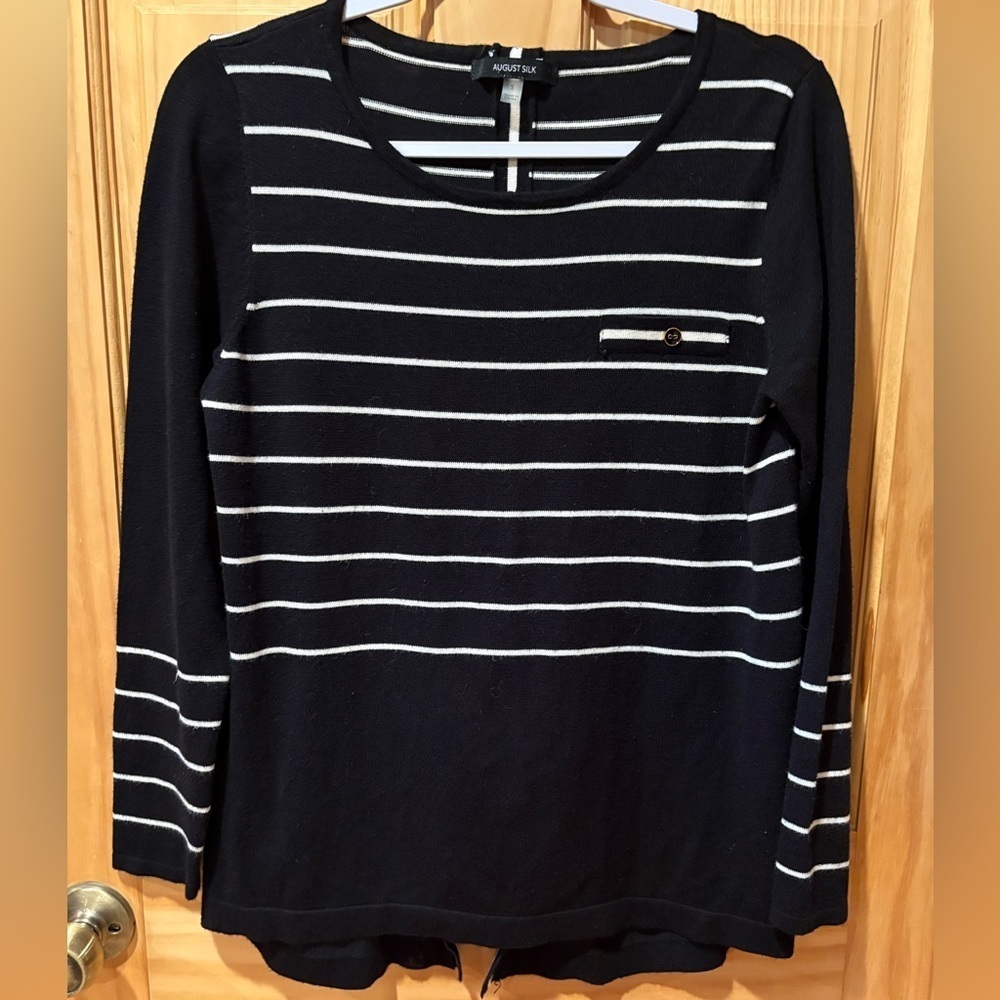 August Silk Black & White Striped Sweater with button Back Detail Womens S